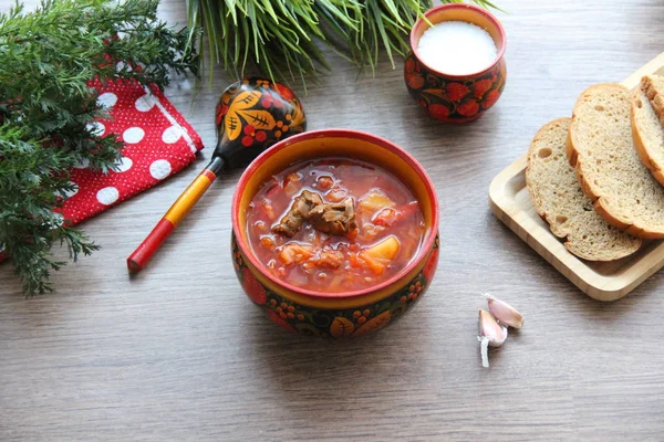 Házi Készítésű Ukrán Borsch Hússal — Stock Fotó