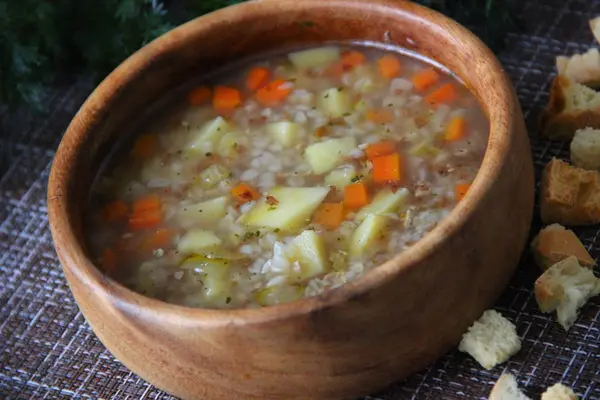 Buchweizensuppe Einer Holzschüssel — Stockfoto