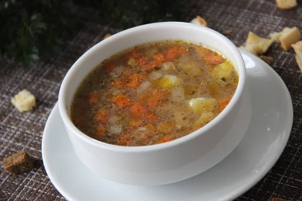 Buchweizensuppe Einer Weißen Schüssel Brühe — Stockfoto