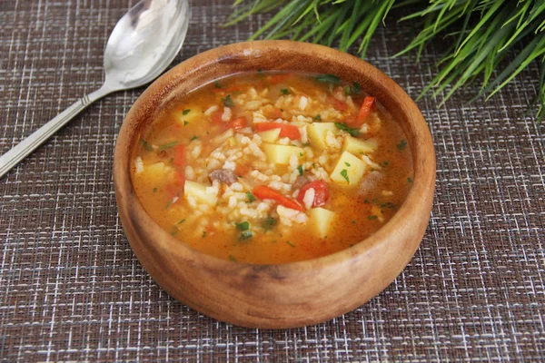 Грузинский Суп Харчо Томатный Суп Мясом Рисом — стоковое фото