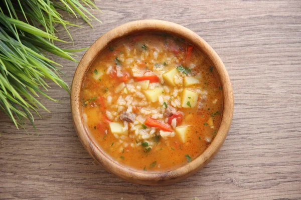 Грузинский Суп Харчо Томатный Суп Мясом Рисом — стоковое фото
