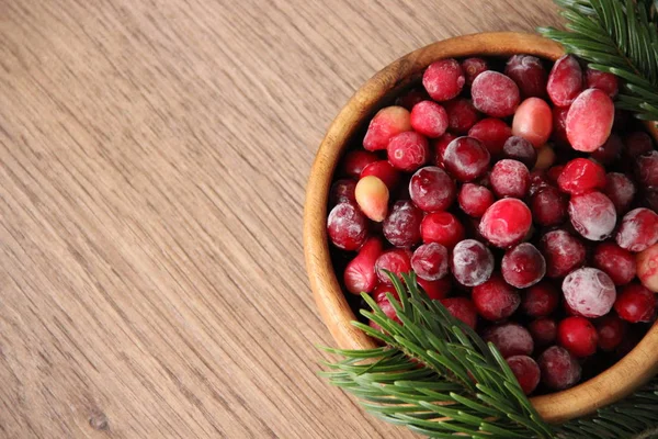 Cranberries Wooden Cup Fir Branches Wooden Table — Stock Photo, Image