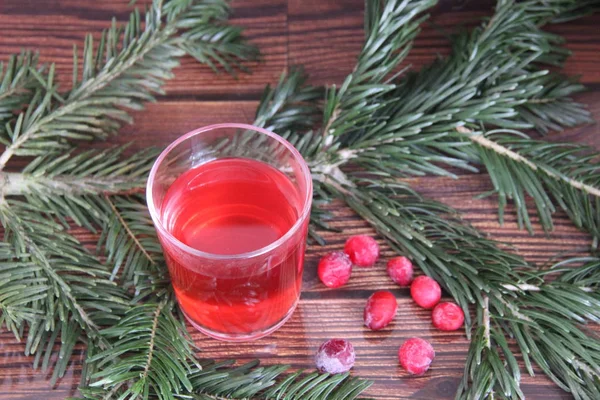 Cranberry Juice Glass Pine Branches Berries Cranberry Compote Useful Drink — Stock Photo, Image