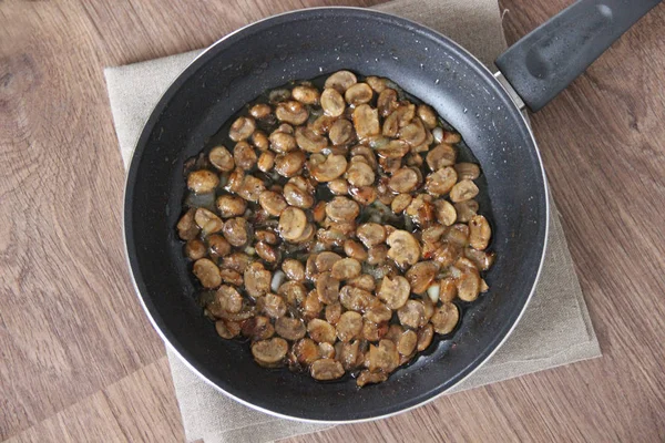 Fried Small Mushrooms Oil Pan Wooden Table Burlap Top View — 스톡 사진