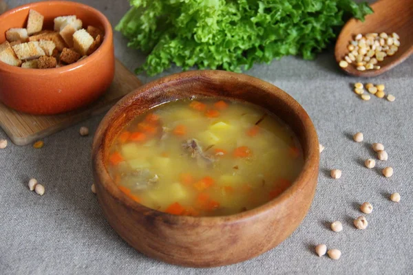 Pea Chickpea Soup Wooden Bowl Gray Sacking Background Peas Crackers Stock Pictur