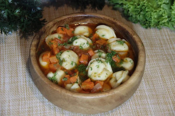Uzbek Dish Chuchvara Dumplings Vegetable Sauce Tomatoes Onions Carrots — Stock Photo, Image