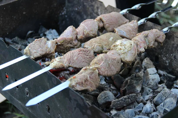 Çiğ Biftek Şişleri Izgaradaki Parçaları Henüz Kızarmamış — Stok fotoğraf