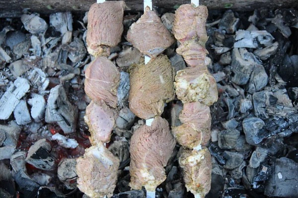 Çiğ Biftek Şişleri Izgaradaki Parçaları Henüz Kızarmamış — Stok fotoğraf