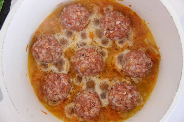 Meatballs Minced Meat Stewed Broth Vegetables — Stock Photo, Image