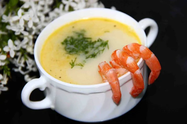 Cheese Soup Prawns Herbs White Cup Handles — Stock Photo, Image
