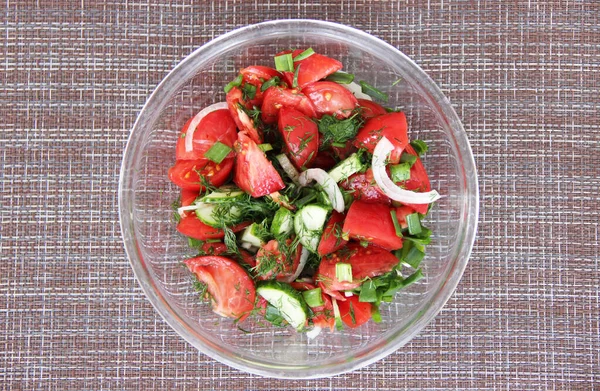 Salad Fresh Tomatoes Cucumbers Onions Herbs Seasoned Oil Transparent Cup — Stock Photo, Image