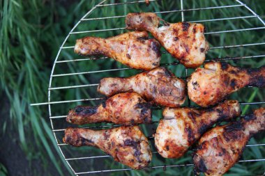 Yeşil arka planda ızgarada tavuk şişi.