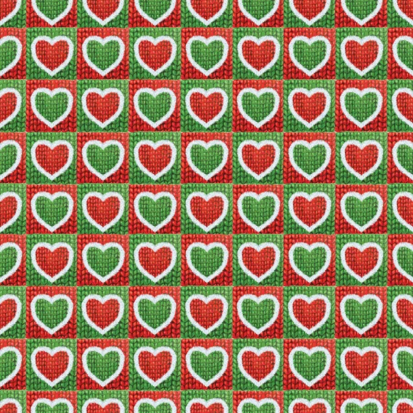 Senza soluzione di continuità romantico Vintage stile scandinavo colorato lavorato a maglia Trim Cuori su sfondo verde modello illustrazione — Foto Stock