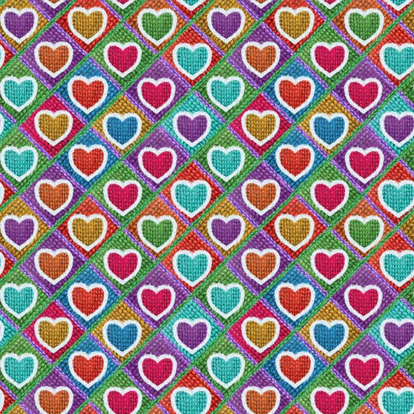 Seamless Romantic Scandinavian Style Handmade Colorful Knitted Fur Trim Hearts on green background pattern illustration. — Stock Photo, Image