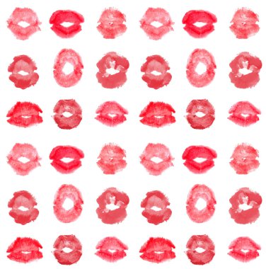 Suluboya el boyası, izole edilmiş kırmızı ruj öpücüğü beyaz arka planda pürüzsüz desen.