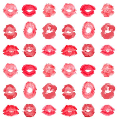 Suluboya el boyası, izole edilmiş kırmızı ruj öpücüğü beyaz arka planda pürüzsüz desen.