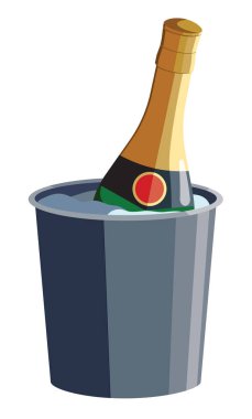 Bir şişe köpüklü şarap (şampanya) buz kovasında soğur. Beyaz arkaplanda izole vektör çizimi. Kartlar, sunum, davetiyeler için iyi.