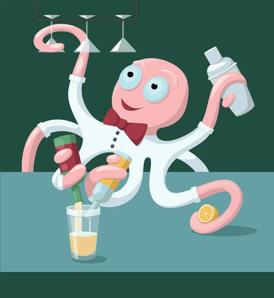 Skillful Multitasking Multi Armed Best Professional Octopus Bartender Making Alcohol — Stock Vector