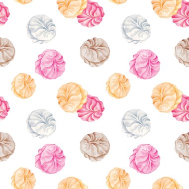 Cute kawaii pink white yellow Zefir zephyr Russian Marshmallow hand-drawn marker illustration seamless pattern background