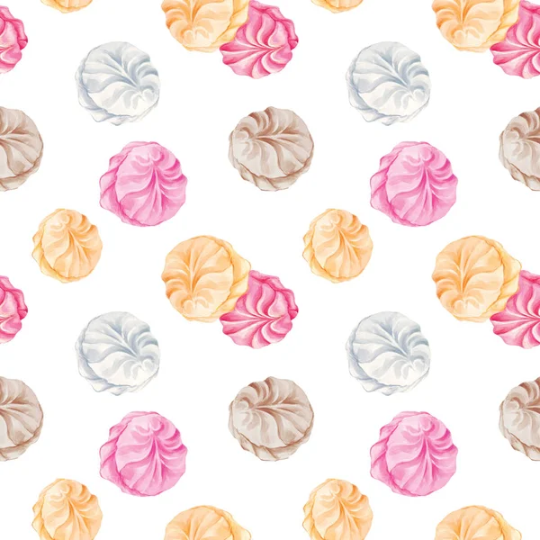 Cute kawaii pink white yellow Zefir zephyr Russian Marshmallow hand-drawn marker illustration seamless pattern background — 图库照片