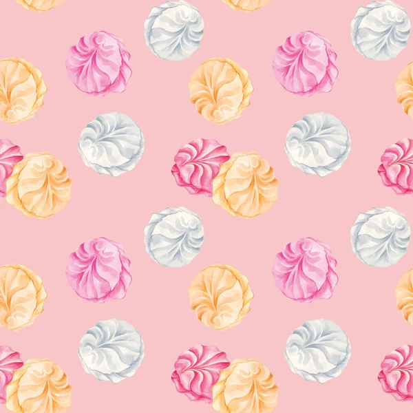 Cute kawaii pink white yellow Zefir zephyr Russian Marshmallow hand-drawn marker illustration seamless pattern background — 图库照片