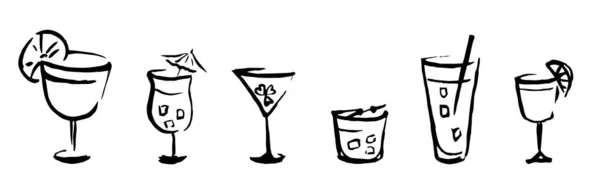 Collection set of icons: hand drawn line shape ink style bar alcohol liquor cocktail with a clover. Can be used as a card, poster, invitation, banner or restaurant menu for Saint Patrick day party. — Stock Vector
