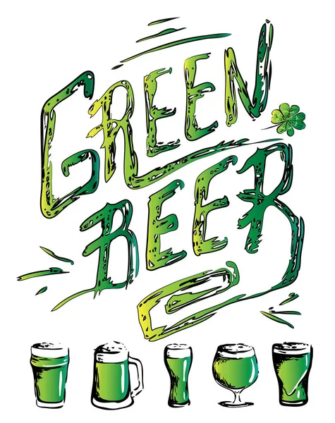 Estilo Tinta Desenhada Mão Isolado Lettering Ilustração Vetor Verde Cerveja —  Vetores de Stock