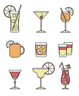Collection set of icons: various alcohol cocktail glasses high ball martini margarita old fashioned shot Moscow mule mug. For card, poster, invitation, banner or restaurant menu for party event