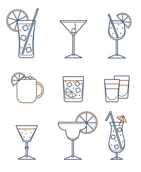 Collection Set Icons Various Alcohol Cocktail Glasses High Ball Martini — Stockový vektor