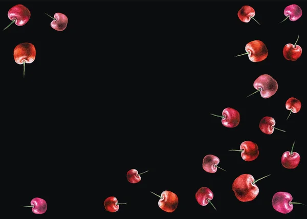 Disegnato a mano fresco rosso funky hipster estate ciliegia frutta su sfondo nero scuro cornice ornamento illustrazione. A4 A5 A3 carta internazionale diapositiva poster con spazio libero copia vuota per il testo — Foto Stock