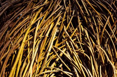 Eski kırsal kahverengi altın sarısı kuru saman sarmaşığı dokusu sıcak turuncu günbatımı ışık arkaplanı. Mevsimsel sonbahar için hasat fikirleri, menü, sunum, kart dekorasyonu