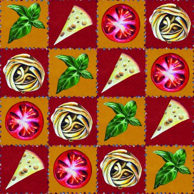 Elle çizilmiş dikişsiz desen: İtalyan makarna ve domates, peynir, kırmızı ve kahverengi portakallı fesleğen. Mutfak, yemek dağıtım broşürü, restoran menüsü, tekstil kumaş masa örtüsü, peçete....