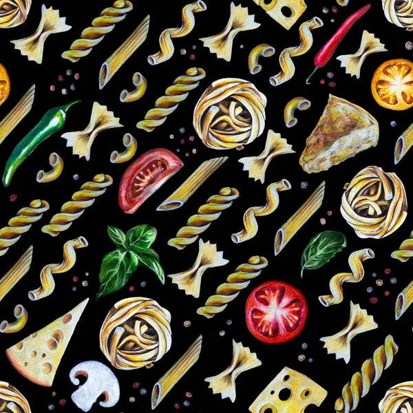 Patrón Sin Costura Dibujado Mano Pasta Italiana Con Tomates Queso —  Fotos de Stock
