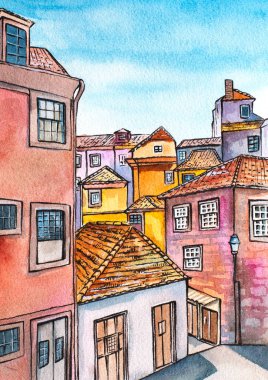 Porto Portekiz 'de elle boyanmış suluboya eski bir illüstrasyon. Pembe, sarı ve mavi renklerle