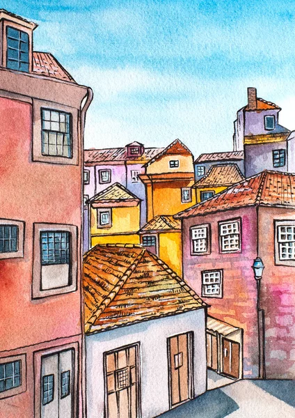 Acuarela pintada a mano ilustración del casco antiguo de Porto Portugal. En colores rosa, amarillo y azul —  Fotos de Stock