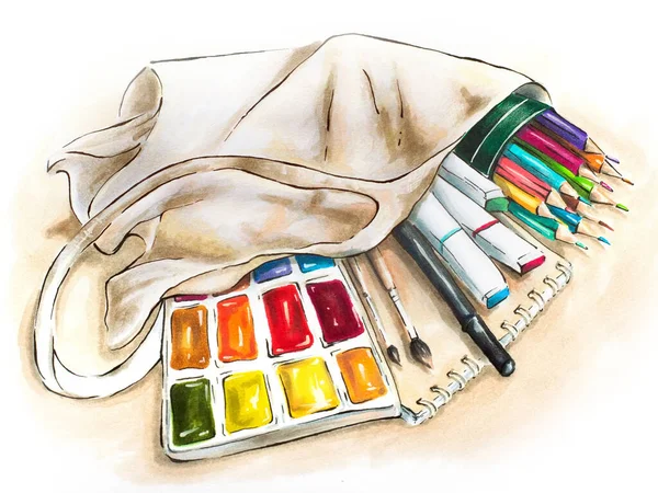 Illustrazione dello schizzo del pennarello disegnato a mano. Acquisti negozio d'arte, materiali d'artista: vernice, matite, pennello in una borsa della spesa — Foto Stock