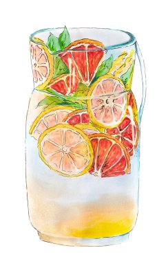 Beyaz arka planda izole edilmiş el yapımı limonata çizimi çizimi. Restoran veya bar menüsü, kart dekorasyonu, web sitelerinde veya dergi resimlerinde makbuzlar