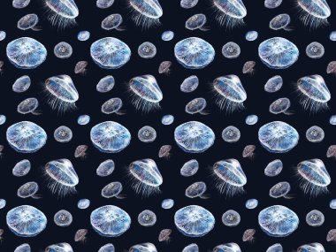 Kusursuz dekoratif denizanası deseni. Siyah kağıda floresan metalik suluboya ile elle boyanmış. Hediye ambalaj kağıdı, dekupaj ya da el yapımı, tekstil kumaşı vs.