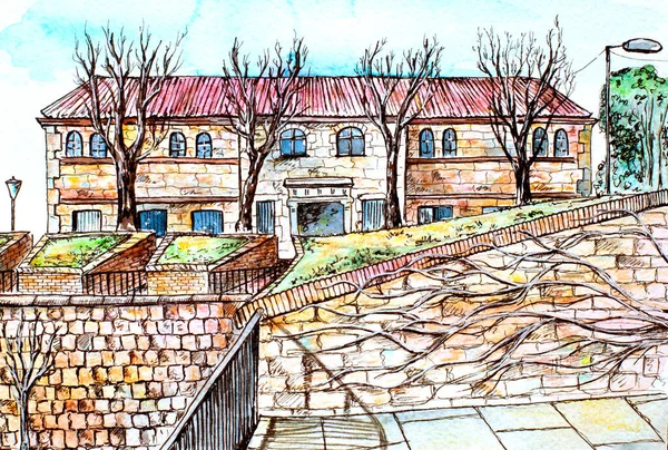 手はバルセロナのモンジュイック山に古い建物を描きました。水彩、ライナー、色鉛筆都市のスケッチイラスト — ストック写真