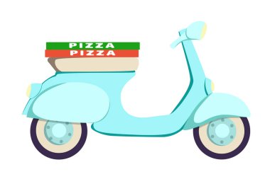 İtalyan yemeği: taze pizza servisi düz vektör çizimi. Açık mavi Retro motosiklet ve yeşil kırmızı kutular. Restoran reklamı, menü dekorasyonu, web sitesi afişleri için.