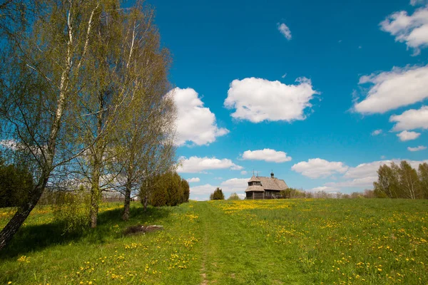 Pleasant sunny summer landscape: old blue sky and clouds, green grass, yellow dandelion flowers on a meadow and old historical Slavic Orthodox country church building . A happy idyllic scenery view.