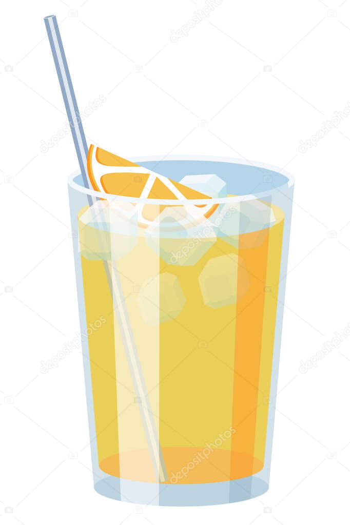 Natural yellow ice cold orange juice with straw. Classic screwdriver cocktail vector illustration. For Bar or Restaurant menu design, magazine or website recipe decoration.