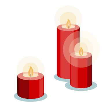 Düz biçimde üç romantik kırmızı mum vektör illüstrasyonu. İyi yıllar, Noel ya da Sevgililer Günü davetiye kartı, çıkartma tasarımı.