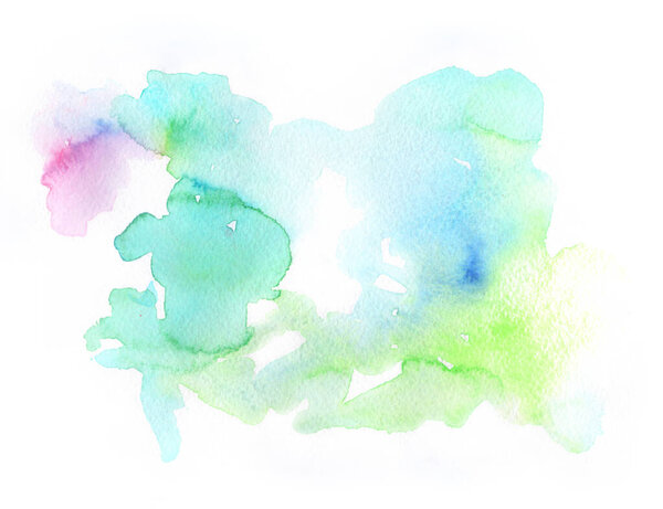 Bright colorful vibrant hand painted isolated watercolor spot splash on white background in aquamarine, blue, cyan and green colors. For decoration, cards, highlight and website design.