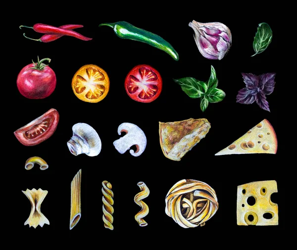 Set Raccolta Elementi Disegnati Mano Pasta Italiana Con Pomodori Formaggio — Foto Stock