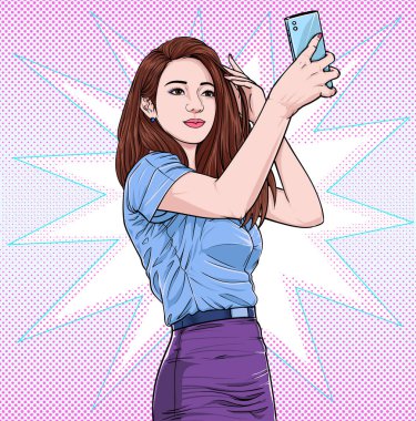 Güzel kız. Kendisi için poz veren güzel bir kadın. Çizgi roman tarzı soyut noktalar üzerine bir illüstrasyon vektörü.