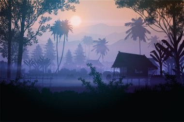 Doğal orman dağları ufuk çizgisi manzara duvar kâğıdı Hut tarlalarda Gündoğumu ve günbatımı illüstrasyon vektör tarzı renkli arka plan