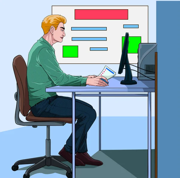 Business Person Sitting Office Online Meeting Illustration Vector Pop Art — Stock Vector