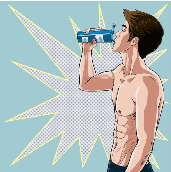 Молодые Люди Пьют Воду После Упражнений Добавить Минералы Тело Здоровье — стоковый вектор