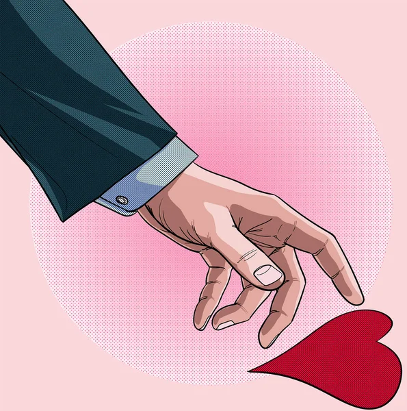一个穿着西服的男人拿着心形的纸情人节卡片图解向量流行艺术漫画风格抽象点背景 — 图库矢量图片